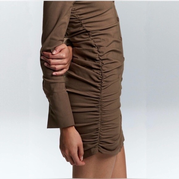 Zara Brown Long Sleeve Button Down Collared Mini Shirt Dress - Size M - Picture 3 of 6
